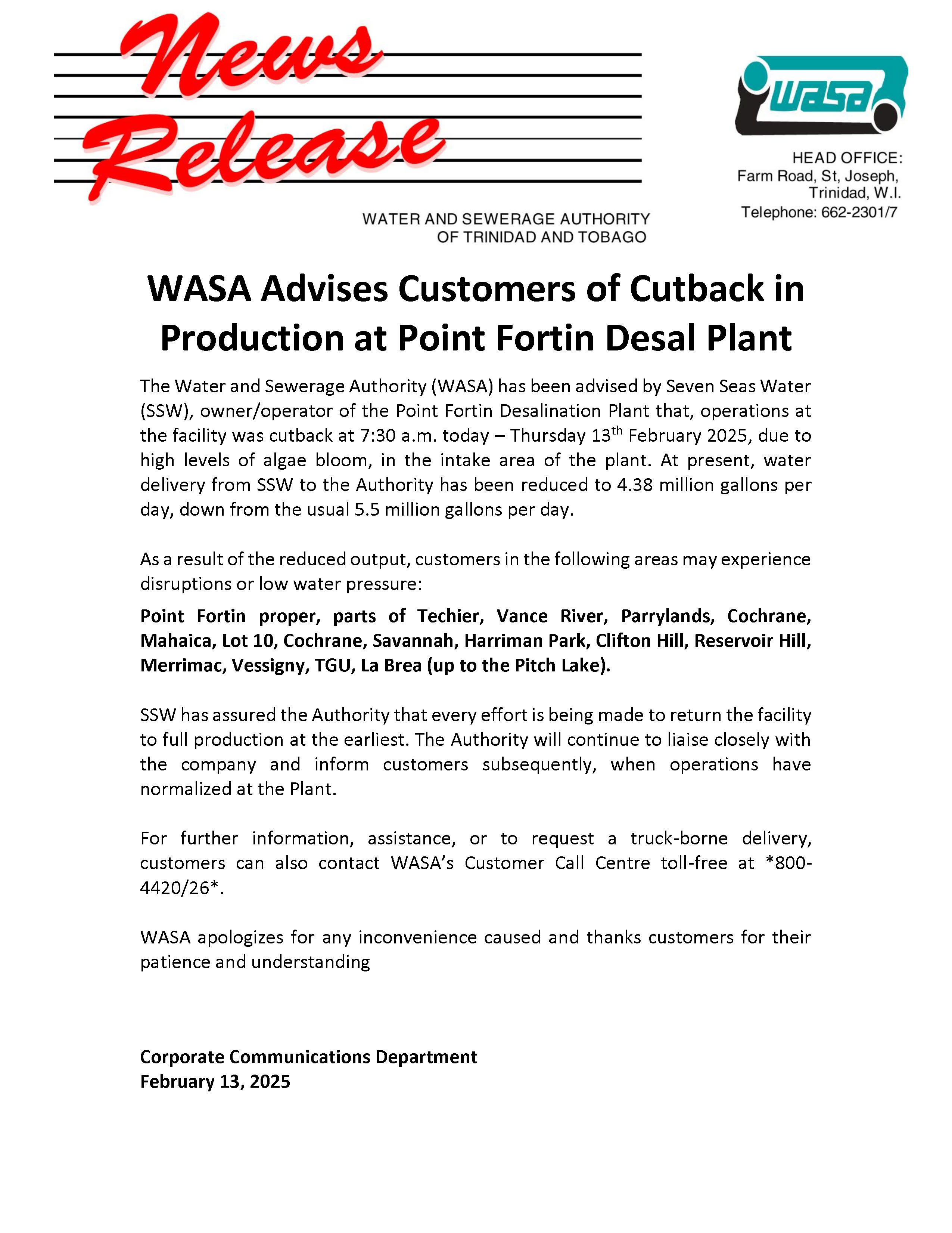 Cutback in production at Pt Fortin Desal Plant